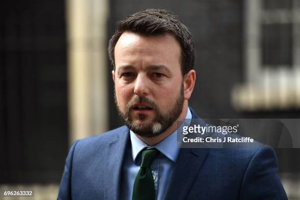 Colum Eastwood, leader of the Social Democratic and Labour Party speaks to the media outside 10 Downing Street on June 15, 2017 in London, England....