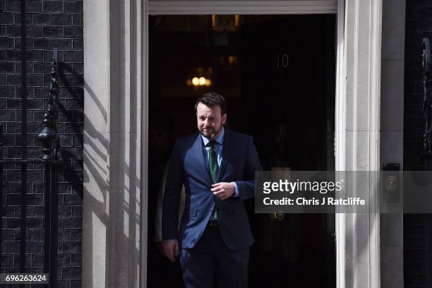 Colum Eastwood, leader of the Social Democratic and Labour Party makes his way to speak to the media outside 10 Downing Street on June 15, 2017 in...