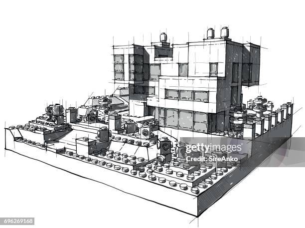 architecture from white plastic blocks. - complex building blocks stock illustrations