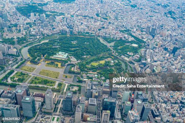 imperial palace bird's eye view - imperial palace tokyo stock-fotos und bilder