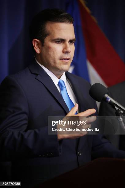 Puerto Rico Gov. Ricardo Rossello speaks during a news conference about the June 11 vote in favor of U.S. Statehood at the National Press Club June...