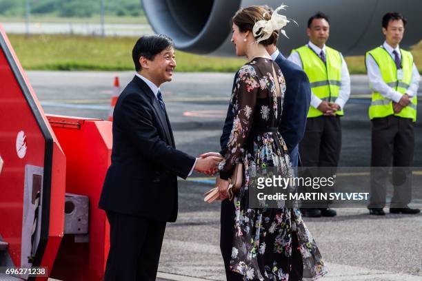 Danish Crown Prince Frederik and Danish Crown Princess Mary welcome Japan's Crown Prince Nahurito during a welcoming ceremony in Copenhagen Airport...