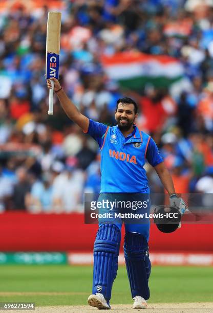 Rohit Sharma of India celebrates his century during the ICC Champions Trophy Semi Final match between Bangladesh and India at Edgbaston on June 15,...