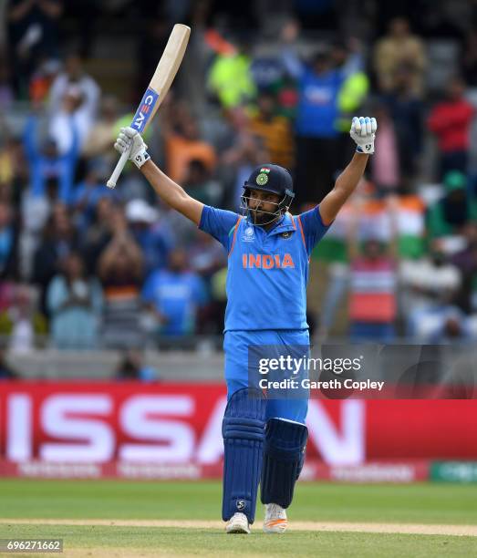 Rohit Sharma of India celebrates reaching his century during the ICC Champions Trophy Semi Final between Bangladesh and India at Edgbaston on June...