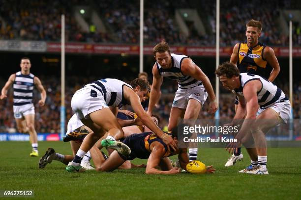 Jake Kolodjashnij of the Cats and Thomas Cole of the Eagles contest for the ball during the round 13 AFL match between the West Coast Eagles and the...