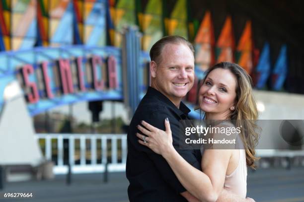 In this handout photo provided by Wallenda Incorporated, Nik Wallenda and Erendira Wallenda pose for a photograph outside the Seneca Niagara Resort...