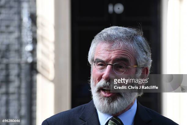 Gerry Adams, President of Sinn Féin speaks to the media outside 10 Downing Street on June 15, 2017 in London, England. Prime Minister Theresa May...