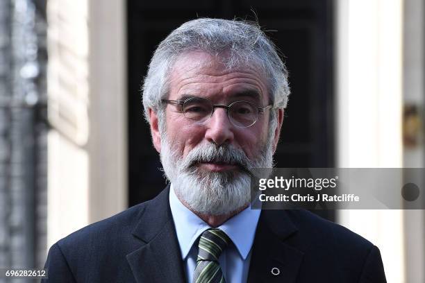 Gerry Adams, President of Sinn Féin speaks to the media outside 10 Downing Street on June 15, 2017 in London, England. Prime Minister Theresa May...