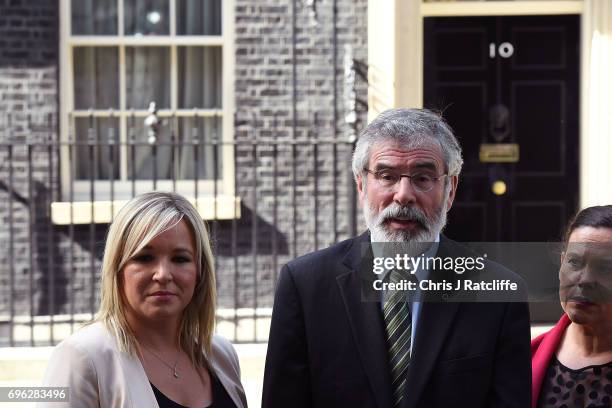 Gerry Adams, President of Sinn Féin and Michelle O'Neill, leader of Sinn Féin speak to the media outside 10 Downing Street on June 15, 2017 in...