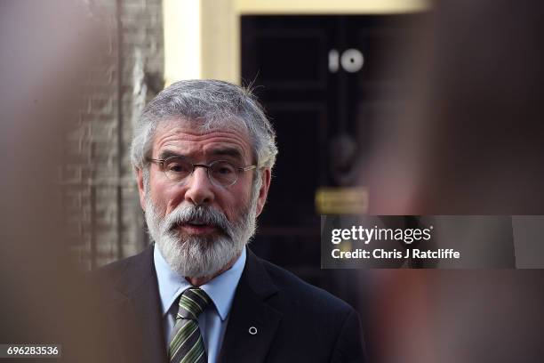 Gerry Adams, President of Sinn Féin speaks to the media outside 10 Downing Street on June 15, 2017 in London, England. Prime Minister Theresa May...