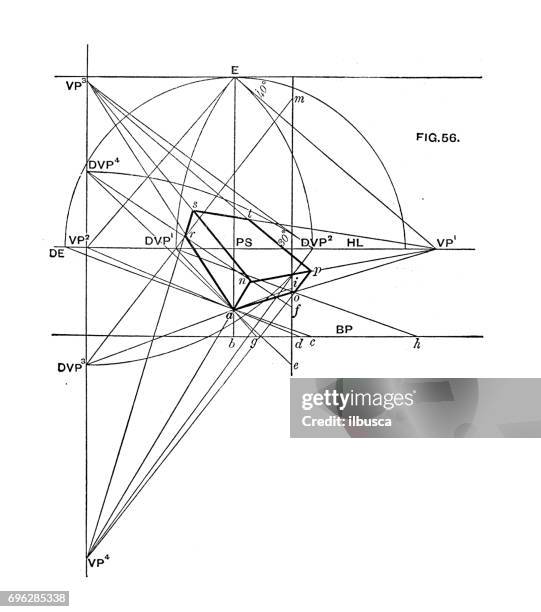 antique engraving illustration: perspective geometry diagram - personal perspective stock illustrations