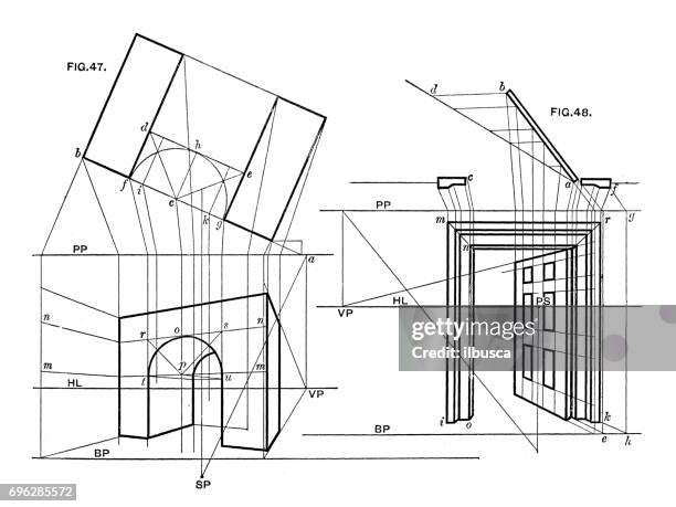 antique engraving illustration: perspective geometry diagram - personal perspective stock illustrations