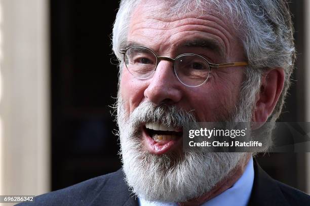 Gerry Adams, President of Sinn Féin speaks to the media outside 10 Downing Street on June 15, 2017 in London, England. Prime Minister Theresa May...