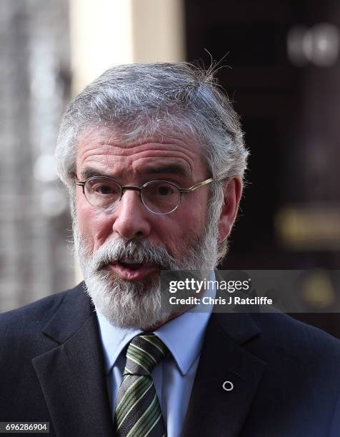 Gerry Adams, President of Sinn Féin speaks to the media outside 10 Downing Street on June 15, 2017 in London, England. Prime Minister Theresa May...