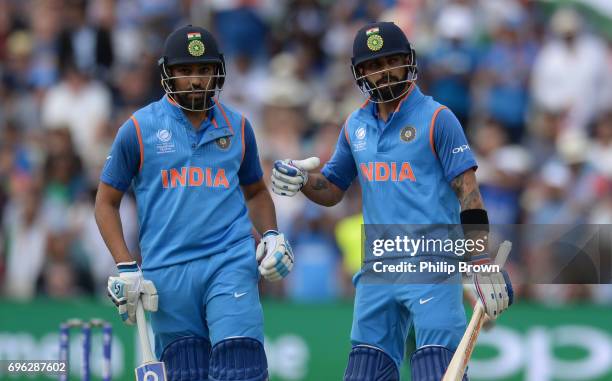 Rohit Sharma and Virat Kohli of India during the ICC Champions Trophy match between Bangladesh and India at Edgbaston cricket ground on June 15, 2017...