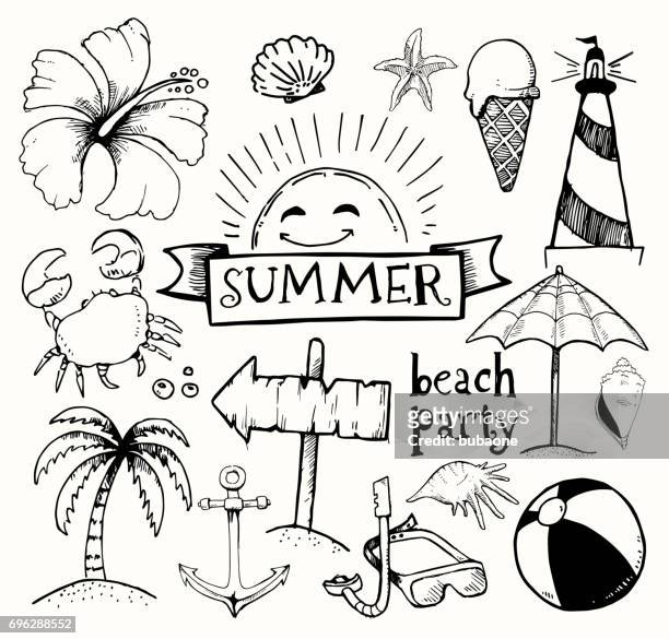 beach and summer vector ink doodles on white background - beach bbq stock illustrations