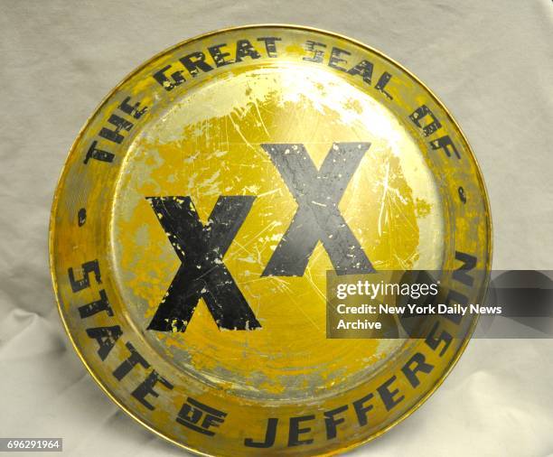 Original model for the Jefferson State seal. Dating to 1941. It's painted on the back of a gold miner's pan. Part of the collection of the Siskiyou...