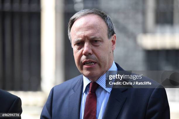 Nigel Dodds, deputy leader of the Democratic Unionist Party speaks to the media outside 10 Downing Street on June 15, 2017 in London, England. Prime...