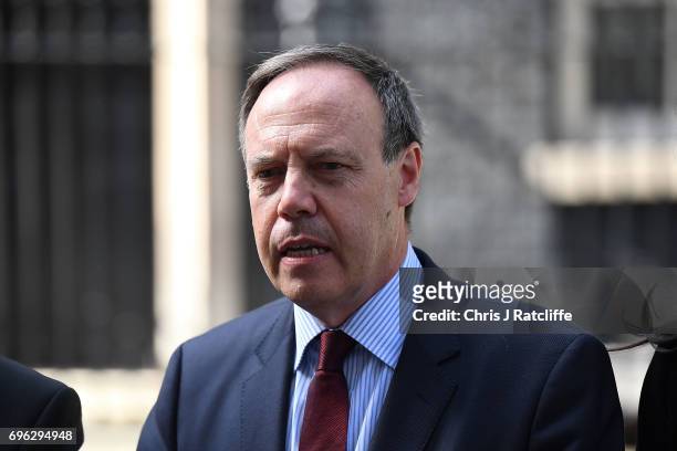 Nigel Dodds, deputy leader of the Democratic Unionist Party speaks to the media outside 10 Downing Street on June 15, 2017 in London, England. Prime...
