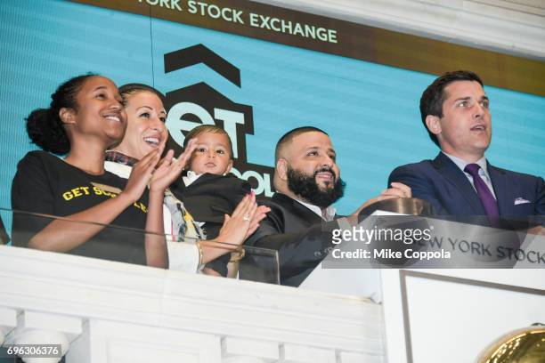 Nicole Tuck, Asahd Khaled, DJ Khaled and New York Stock Exchange, President Thomas Farley visit the New York Stock Exchange opening bell to promote...