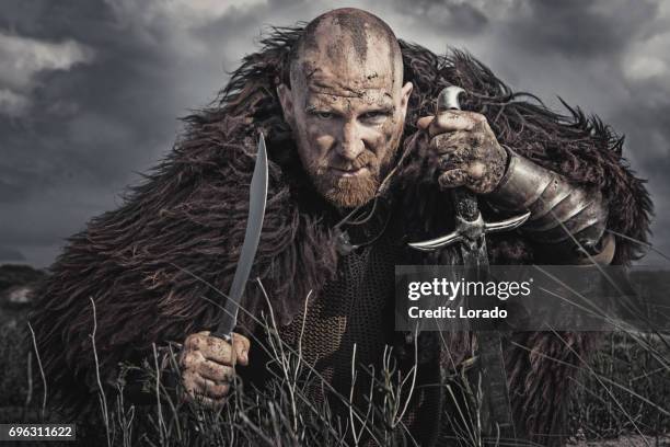 hombre caucásico barbudo vikingo en las dunas durante el día - vikingo fotografías e imágenes de stock