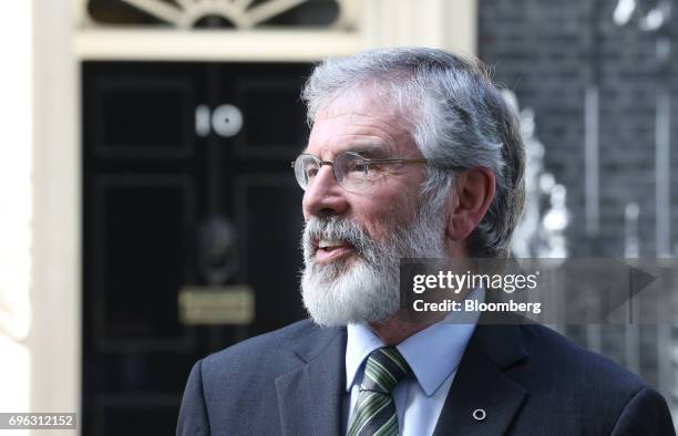 Gerry Adams, president of the Sinn Fin, speaks to the media outside number 10 Downing Street in London, U.K., on Thursday, June 15, 2017. The...