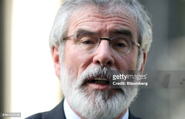 Gerry Adams, president of the Sinn Fin, speaks to the media outside number 10 Downing Street in London, U.K., on Thursday, June 15, 2017. The...