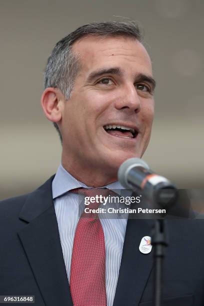 Los Angeles Mayor, Eric Garcetti speaks before the openning of the Electronic Entertainment Expo E3 at the Los Angeles Convention Center on June 13,...
