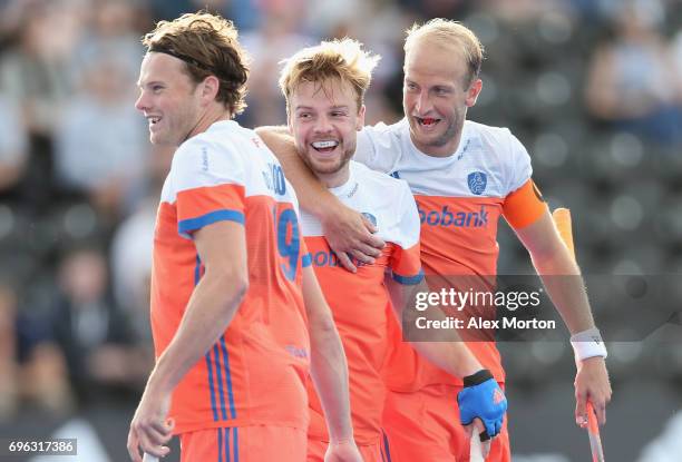 Bob de Voogd of the Netherlands celebrates scoring his sides third goal during the Hero Hockey World League Semi Final match between Netherlands and...