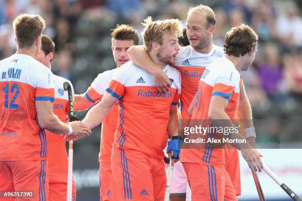 Bob de Voogd of the Netherlands celebrates scoring his sides third goal during the Hero Hockey World League Semi Final match between Netherlands and...
