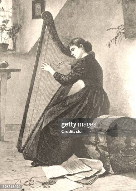 ilustrações de stock, clip art, desenhos animados e ícones de woman playing zither sitting on a box - eine frau allein