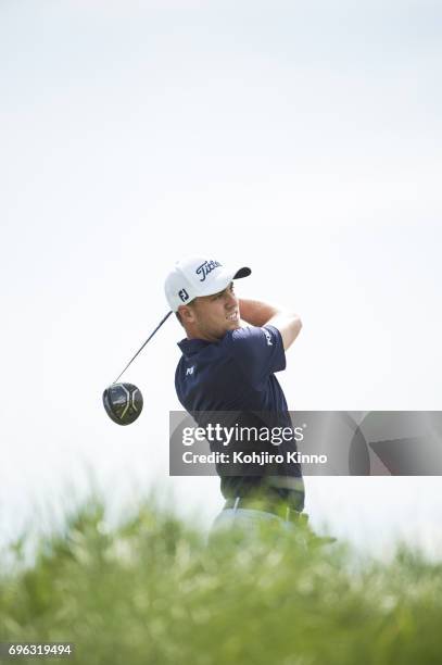 Justin Thomas in action, drive during Wednesday practice at Erin Hills GC. Hartford, WI 6/14/2017 CREDIT: Kohjiro Kinno