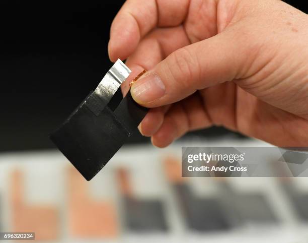 An unpackaged solid state 3-D lithium-ion battery at Prieto Battery May 16, 2017 in Ft. Collins, Colorado.