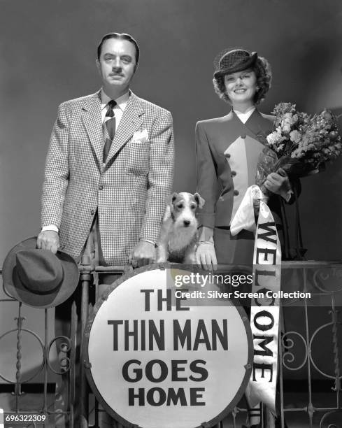 Actors William Powell as Nick Charles and Myrna Loy as Nora Charles in a publicity still for the film 'The Thin Man Goes Home', 1945.