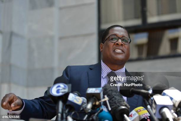 Andrew Wyatt, spokesperson for Bill Cosby gives a statement on the deadlocked jury, at a press conference outside the aggravated Indecent Assault...