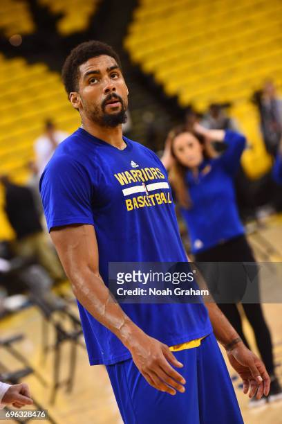 James Michael McAdoo of the Golden State Warriors warms up before Game One of the 2017 NBA Finals against the Cleveland Cavaliers on June 1, 2017 at...
