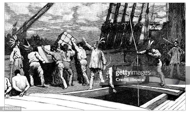 antique engraving illustration: raid on tea-ships in boston harbour - boston harbor stock illustrations