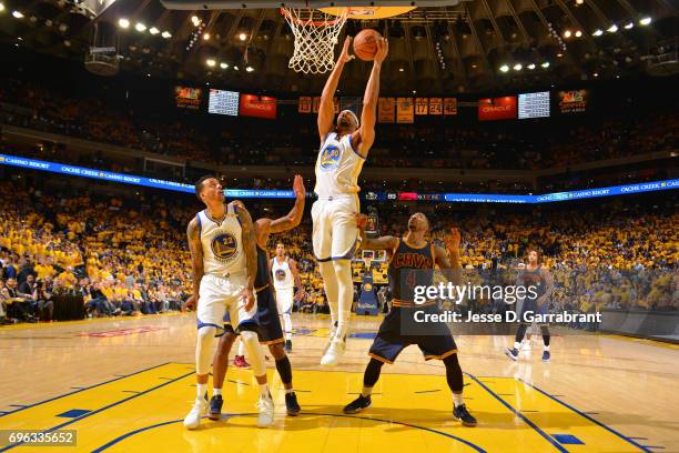 James Michael McAdoo of the Golden State Warriors grabs a rebound against the Cleveland Cavaliers in Game One of the 2017 NBA Finals on June 1, 2017...