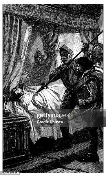 antique engraving illustration: assassination of wallenstein - assassination stock illustrations