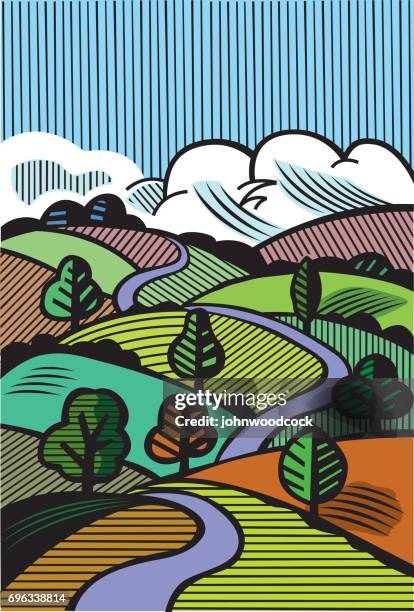 hand drawn landscape illustration - single lane road stock illustrations