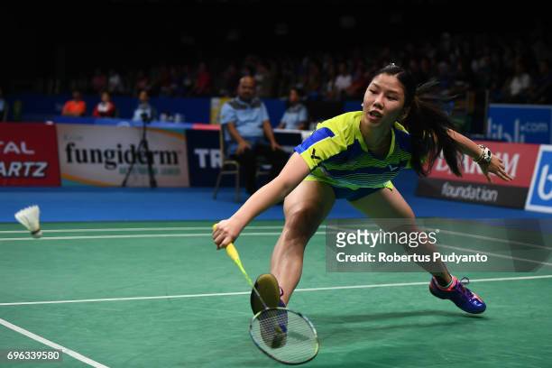 Soniia Cheah of Malaysia competes against Chen Xiaoxin of China during Womens Single Round 2 match of the BCA Indonesia Open 2017 at Plenary Hall...