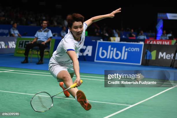 Chen Xiaoxin of China competes against Soniia Cheah of Malaysia during Womens Single Round 2 match of the BCA Indonesia Open 2017 at Plenary Hall...