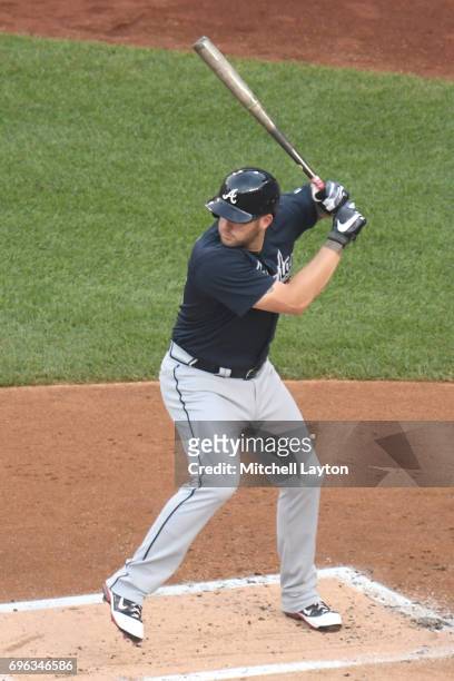 Matt Adams of the Atlanta Braves prepares for a pitch during a baseball game against the Washington Nationals at Nationals Park on June 12, 2017 in...