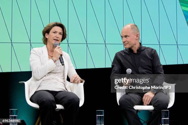 Of Engie, Isabelle Kocher and Prof. Bertrand Piccard , Initiator and Visionary of Solar Impulse, attend a conference during Viva Technology at Parc...