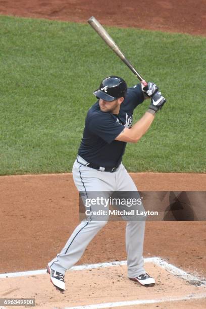 Matt Adams of the Atlanta Braves prepares for a pitch during a baseball game against the Washington Nationals at Nationals Park on June 12, 2017 in...