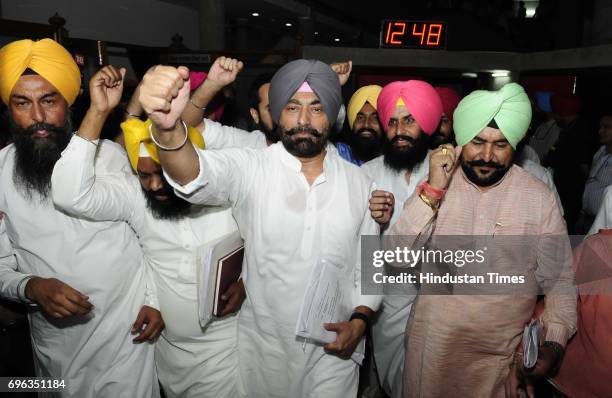 Party senior leaders protesting outside Punjab Vidhan Sabha Session on June 15, 2017 in Chandigarh, India.