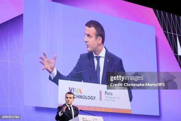 French President Emmanuel Macron delivers a speech during Viva Technology at Parc des Expositions Porte de Versailles on June 15, 2017 in Paris,...