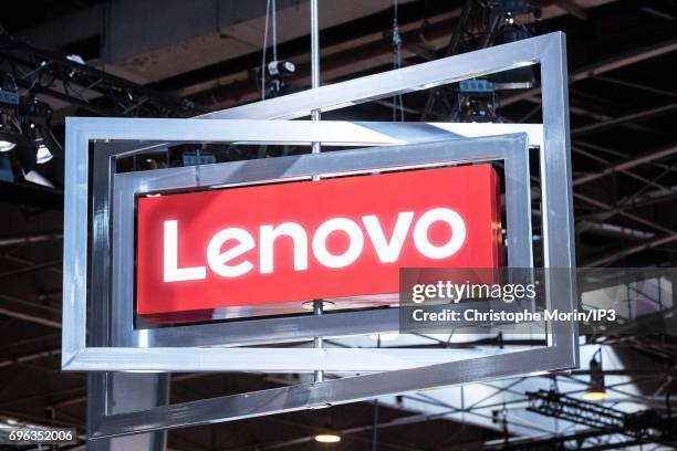 View of the Lenovo logo during Viva Technology at Parc des Expositions Porte de Versailles on June 15, 2017 in Paris, France. Viva Technology is a...