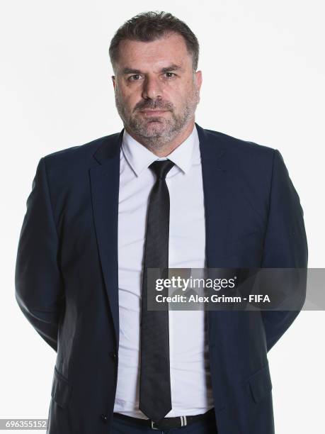 Head coach Ange Postecoglou poses for a picture during the Australia team portrait session on June 15, 2017 in Sochi, Russia.