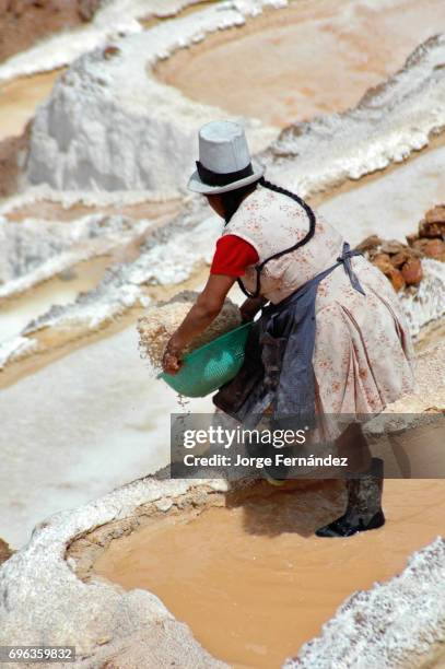Peruvian woman with traditional hat and hairstyle working on the salt fields of Maras.
